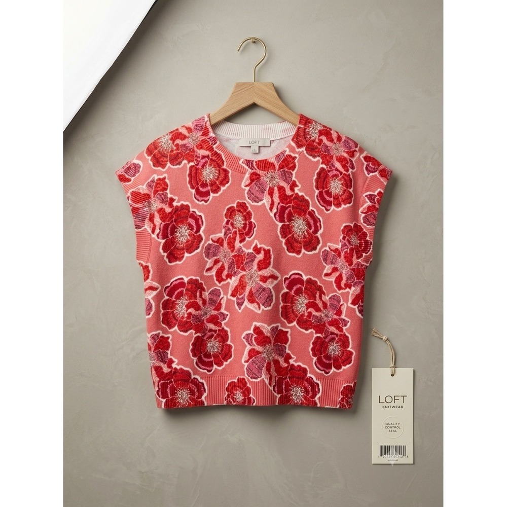 LOFT Knitwear Womens Pink Red Floral Crew Neck Sweater Vest Size M NEW